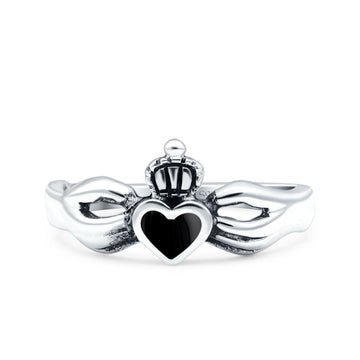 Petite Dainty Heart Simulated Black Onyx Ring Solid Oxidized 925 Sterling Silver